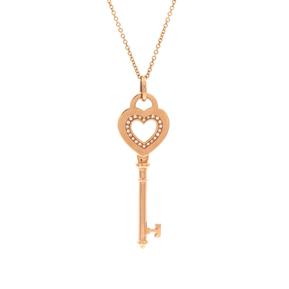 Tiffany & Co. Medium Heart Key Pendant Necklace 18K Rose Gold with Diamonds